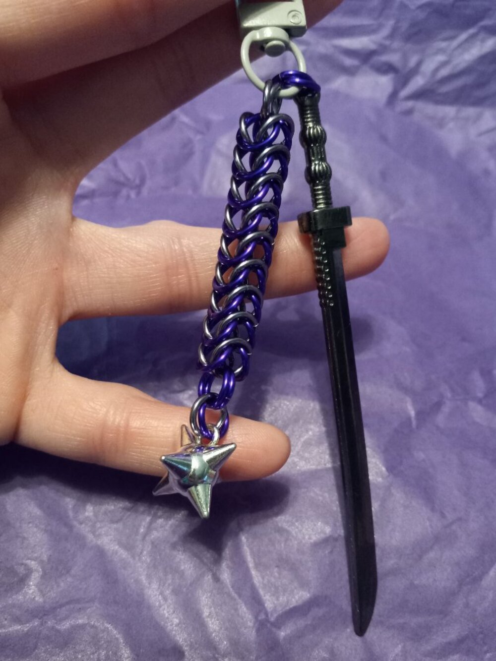 Purple & Grey Chain Mail keychain with Sword